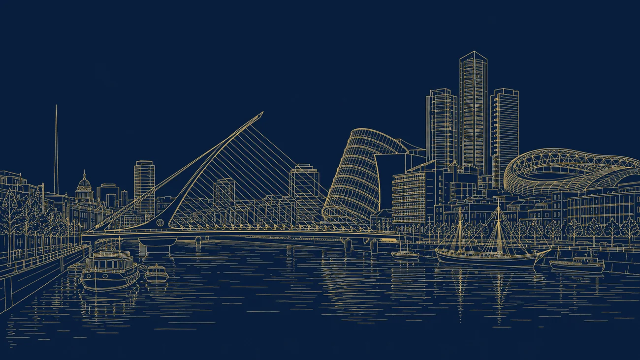Gold line illustration of the Dublin Docklands skyline with the Samuel Beckett Bridge and the Convention Centre, representing Ireland