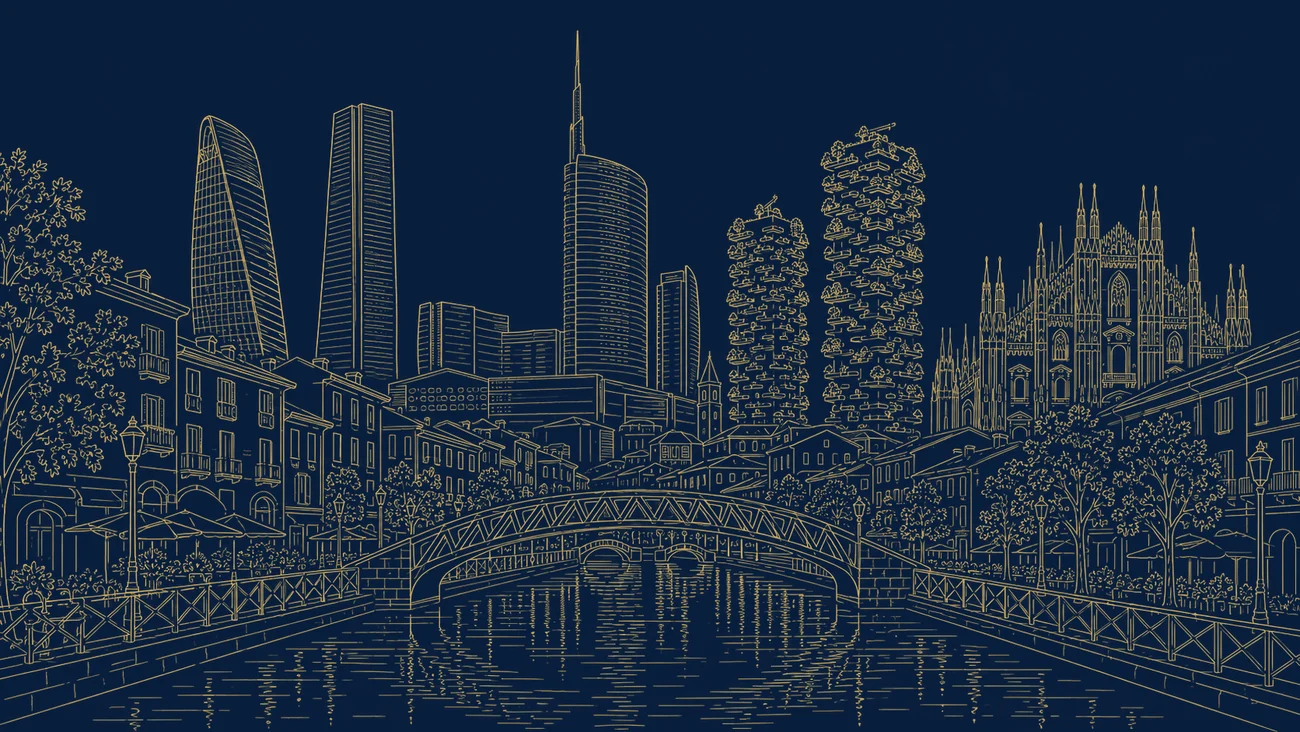 Gold line illustration of Milan’s Galleria and Duomo, a modern skyline and precision machinery, representing Italy