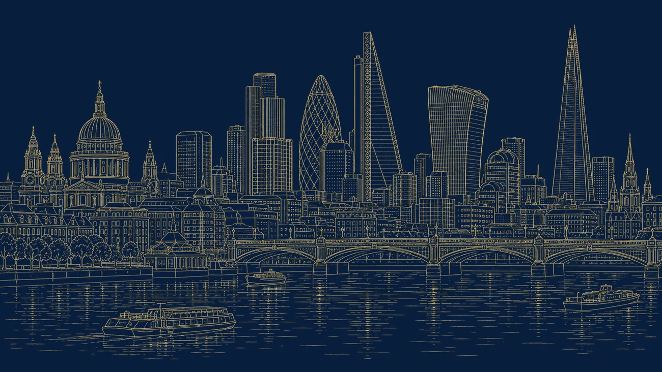 Gold line illustration of the London skyline with the Elizabeth Tower (Big Ben), the London Eye, St Paul’s Cathedral and Tower Bridge, representing the United Kingdom