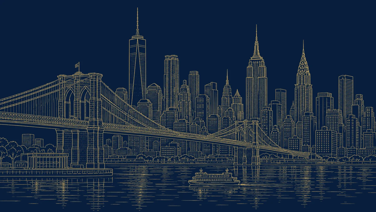 Gold line illustration of the New York City skyline with One World Trade Center, the Empire State Building and the Manhattan skyline, representing the United States