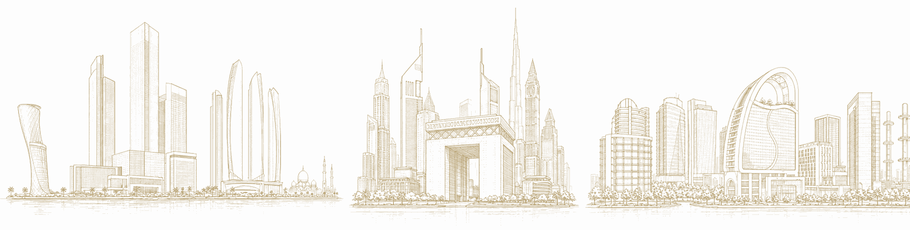 Line illustration of the ADGM, DIFC and GIFT City financial-centre skylines