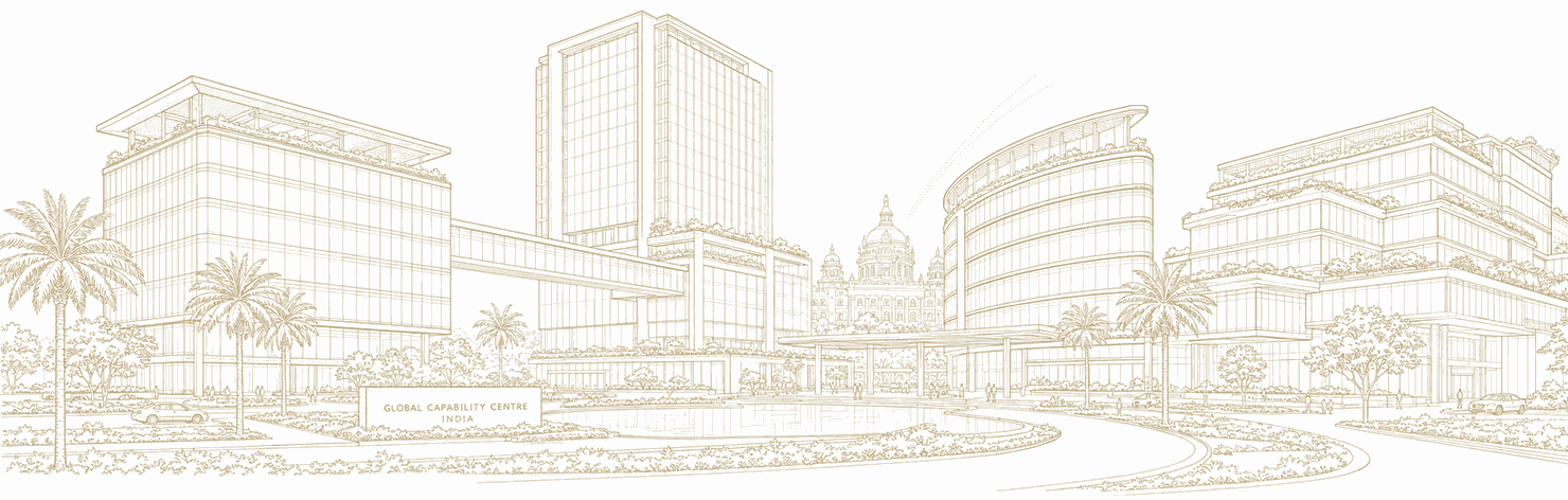 Line illustration of a modern Indian global capability centre campus