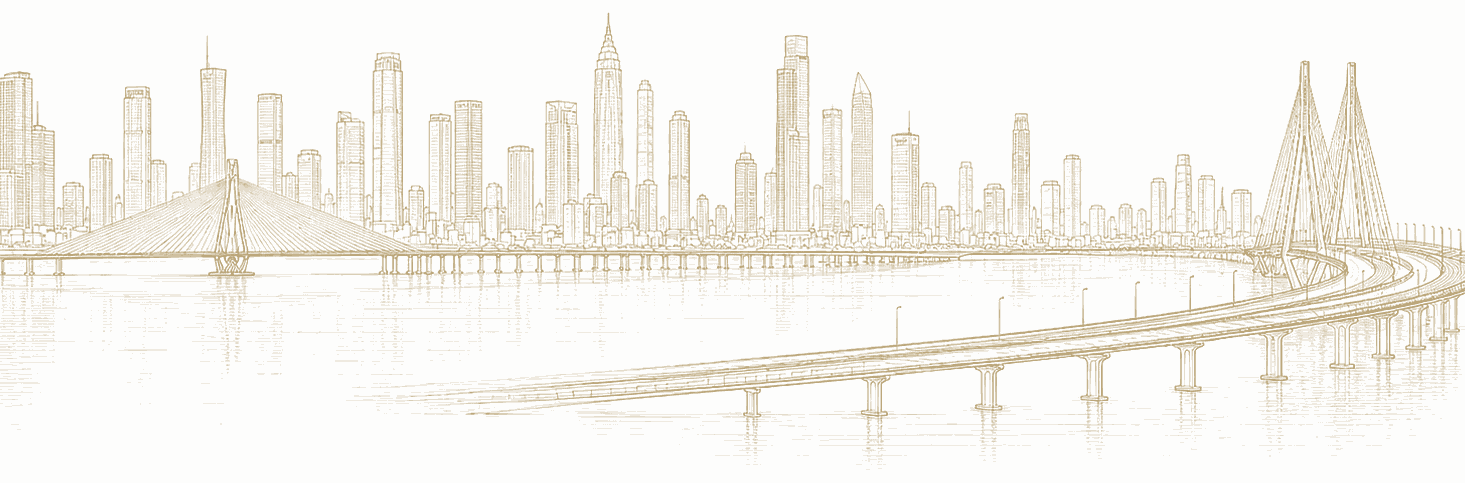 Line illustration of the Mumbai skyline and the Bandra–Worli Sea Link