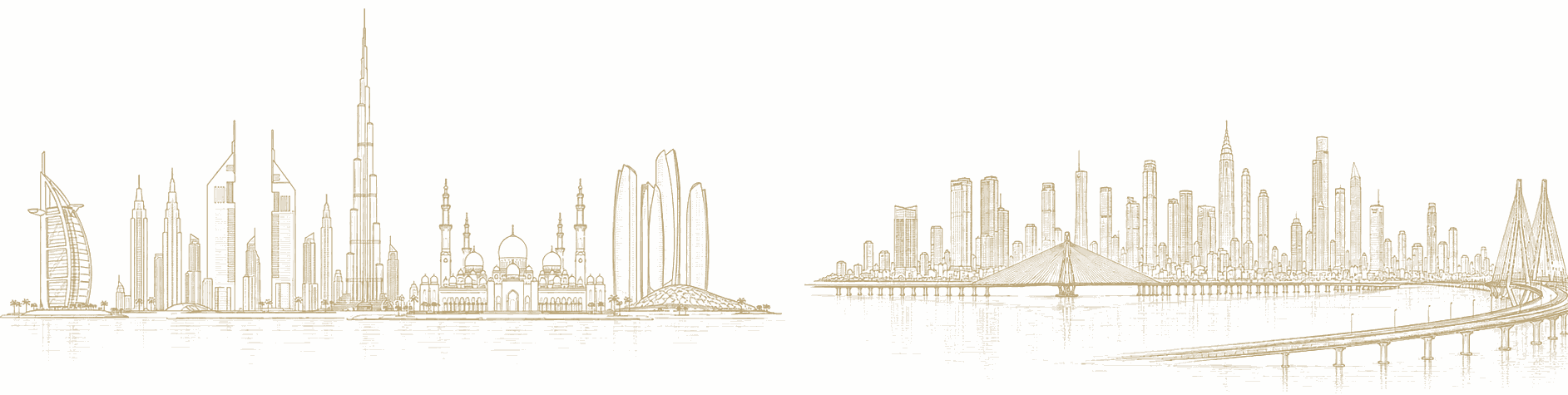 Line illustration of the UAE and India skylines either side of the cross-border corridor