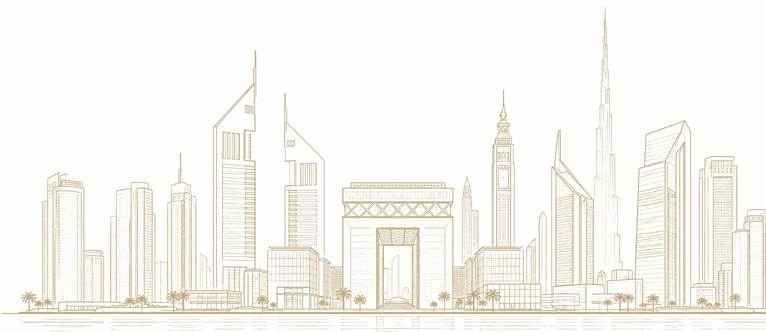 Line illustration of the Dubai International Financial Centre skyline
