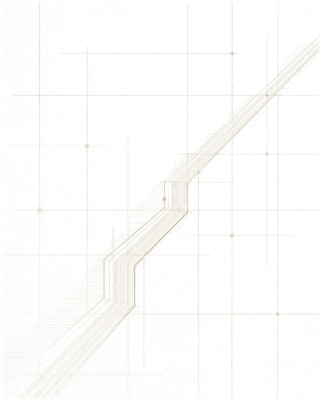 Abstract drafting artwork — parallel gold strands rising together through a structured grid